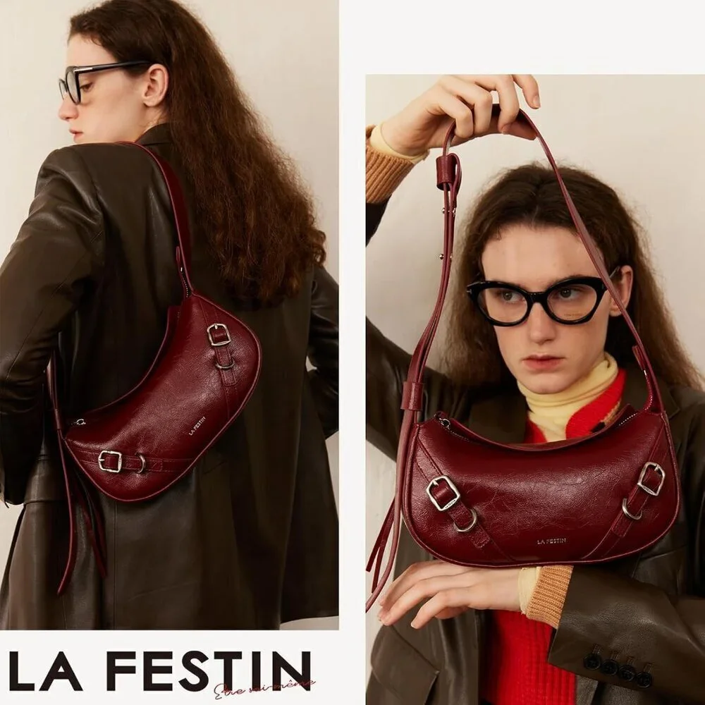 Women Red Soft Leather and polyester Hobo Bag with Adjustable Strap